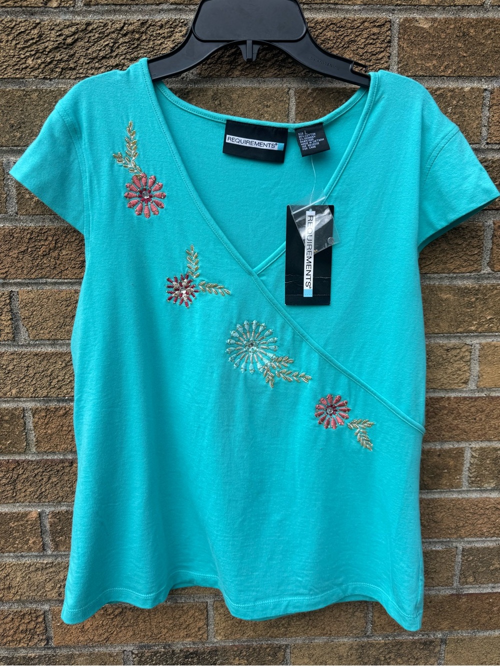 Requirements Turquoise Short-Sleeve Embroidered V-Neck Top